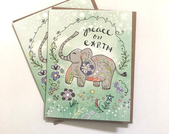Elephant Peace Card - holiday greeting card happy new year, elephant cards, peace card, happy holidays peace flowers, i love elephants