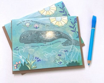 Memory Whale birthday card - whale birthday card, whale greeting cards, ocean animal sea life card, beach birthday, sentimental heartfelt