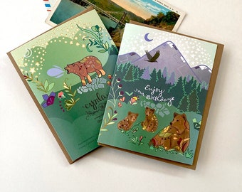Bear Greeting Card - bears birthday, mountain brown bears cubs, mountainside flowers field, mama bear, national parks hiking, great outdoors