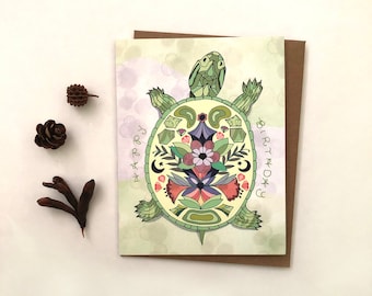 Turtle Birthday Greeting Card - pond turtle greeting cards, cynla paper goods, stationery, birthday cards, happy birthday box turtle floral