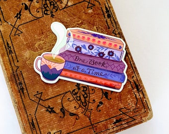 One Book at a Time Sticker, Book stack reading lover bookclub - book reading lover, 3 inch vinyl, sticker for water bottle or laptop