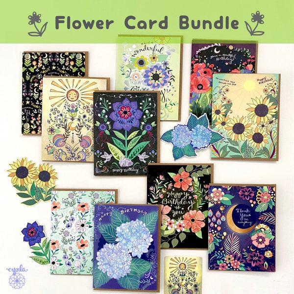 FLOWER CARD BUNDLE flower Lover Gift Box, greeting card and sticker variety pack floral bundle garden lover botanical blank card set flowers