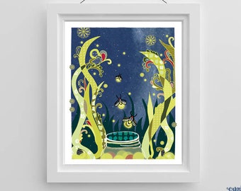 Fireflies wall art PRINT - 8x10 firefly Cynla art woodland Modern nursery poster nature lover summer insect bug illustration wall decor