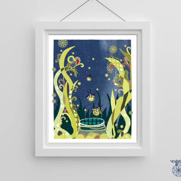 Fireflies wall art PRINT - 8x10 firefly Cynla art woodland Modern nursery poster nature lover summer insect bug illustration wall decor