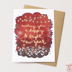Bright Happy New Year Card - Holiday card, New years day, starry, city card, happy new year greeting cards, bright red chinese new year