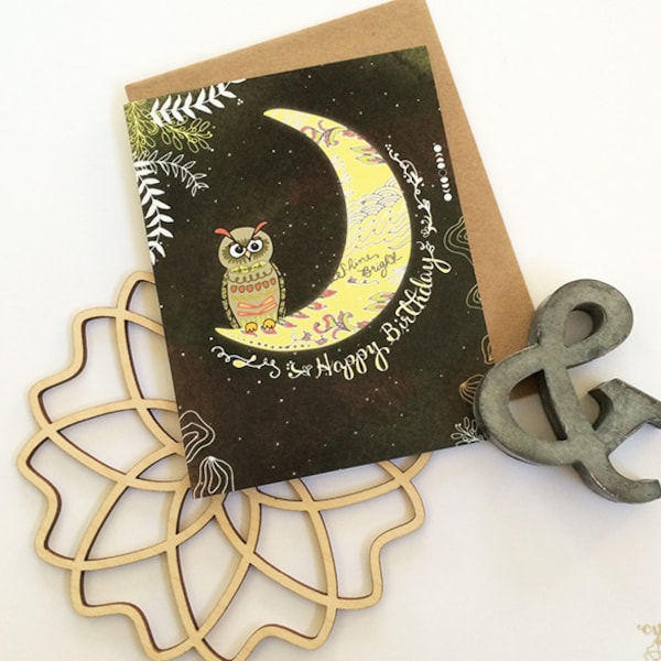 Owl Greeting Card, Owl Greeting Cards, Owl & Moon Card, Owl Birthday