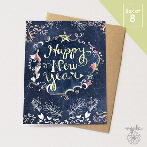 Starry Happy New Year BOX of 8 Greeting Cards - Happy New Year Cards, starry blue new year, new year stationery, holiday cards