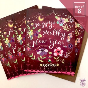 Healthy New Year Card - Box of 8 holiday cards Happy new year, healthy card, 2023 new year, magenta greeting cards, boxed notes
