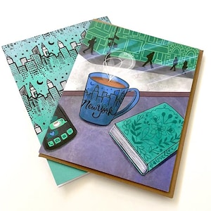 Tarjeta de café de Nueva York - Tarjeta de felicitación de Nueva York, tarjeta de café de Nueva York para amantes de los libros, feliz cumpleaños, tarjeta de viaje de vacaciones en Nueva York