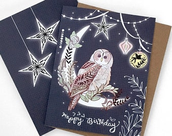 Owl Birthday Card - owl lantern greeting card, owl card, paper lanterns, pretty birthday cards, starry