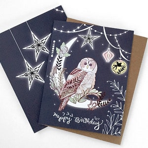 Owl Birthday Card owl lantern greeting card, owl card, paper lanterns, pretty birthday cards, starry image 1