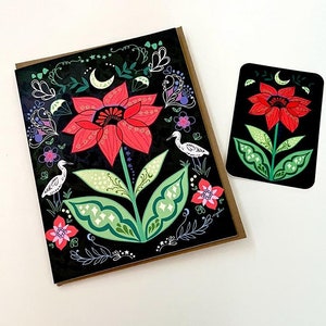 Rote Blumen Grußkarte - hübsches Blumen Kranich Freundschaft Blumen Karte Garten Party Geschenk für sie Natur botanische Karte Frühling Geburtstag