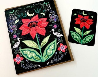 Red Flower Greeting Card pretty floral red crane friendship flower card garden party gift for her nature botanical card spring birthday