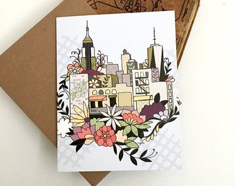 Carte de la ville de New York - Horizon de fleurs de New York, joyeux anniversaire, carte de New York, carte de voeux de New York, joyeux anniversaire de la ville de New York