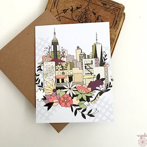 New York City Card - NYC flower skyline, Happy Birthday, NYC card New York greeting card, happy birthday new york city