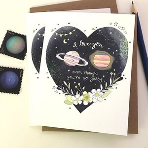 Tarjeta de felicitación Gassy Love - Te amo Gassy Planets Love Card, Tarjeta del Día de San Valentín