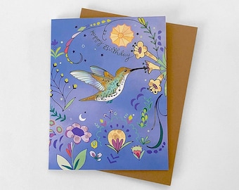 Hummingbird Blue Birthday Card - Bird Greeting card, bird watching happy birthday, flower garden card, gardener birthday card, gift for her