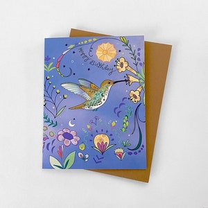 Hummingbird Blue Birthday Card - Bird Greeting card, bird watching happy birthday, flower garden card, gardener birthday card, gift for her