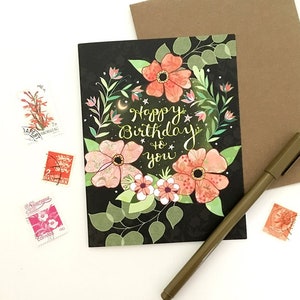 Starry Flower Birthday Card - flower greeting card, flower birthday card, garden card, starry night