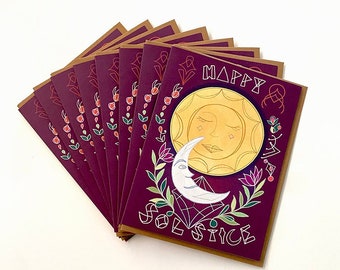 Box of 8 Solstice Sun Moon Card - holiday greeting card, happy solstice yuletide, solstice card. yule holiday, happy winter solstice,