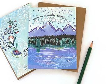 Mountain Shore Birthday Greeting Card, mountains lake forest, adventure birthday, camping card, trees stars wilderness, outdoor lover card