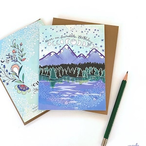 Mountain Shore Birthday Greeting Card, mountains lake forest, adventure birthday, camping card, trees stars wilderness, outdoor lover card