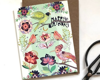 Bird Greeting card - Bird Sanctuary card, parrot birthday card, tropical bird greeting cards, floral colorful, birdwatching happy birthday