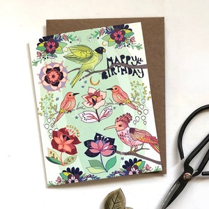 Bird Greeting card - Bird Sanctuary card, parrot birthday card, tropical bird greeting cards, floral colorful, birdwatching happy birthday