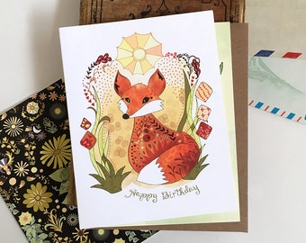 Fox Card - Birthday Sun Fox Greeting Card, birthday fox, happy birthday fox paper goods