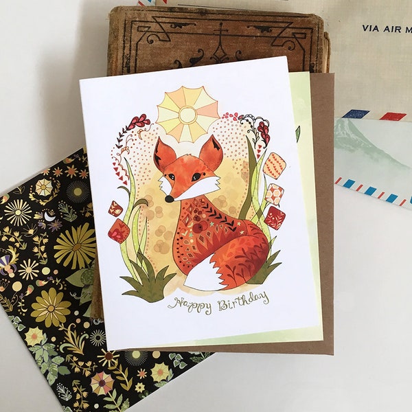 Fox Card - Birthday Sun Fox Greeting Card, birthday fox, happy birthday fox paper goods