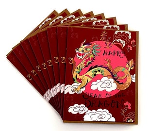 Dragon New Year Card BOX of 8- Year of the Dragon holiday card,  Happy new year greeting cards, Red Chinese new year, 2024 new year card