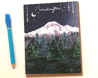 Washington card - Starry washington greeting card, Washington mountains, Mount Rainier card, mountain card, pine trees, cynla paper goods