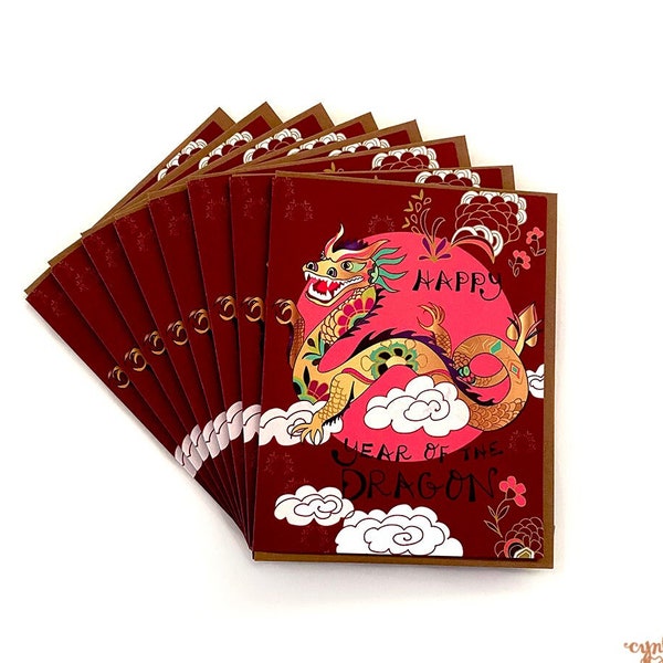 Boîte de 8 cartes de nouvel an dragon - carte de vœux de l'année du dragon, cartes de voeux de bonne année, nouvel an chinois rouge, carte de nouvel an 2024