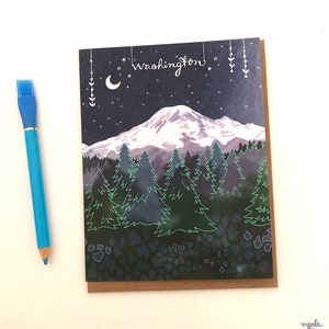 Cartão de Washington - Cartão de saudação estrelado de Washington, montanhas de Washington, cartão do Monte Rainier, cartão de montanha, pinheiros, artigos de papelaria Cynla