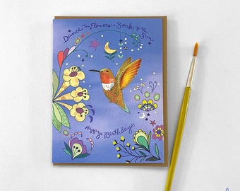 Hummingbird Dance Birthday Card - Orange Bird Greeting card bird watching happy birthday flower garden card gardener birthday card for her