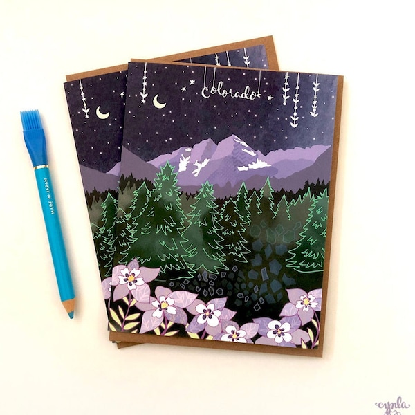 Colorado card - Starry Colorado greeting card, Colorado mountains, columbine flowers, mountain card, colorado wedding thank you, travel card