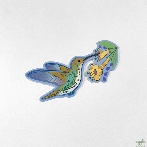 Hummingbird Sticker Blue - Garden flower bird vinyl stickers, 3 inch vinyl, sticker for water bottle or laptop, bird watcher gift