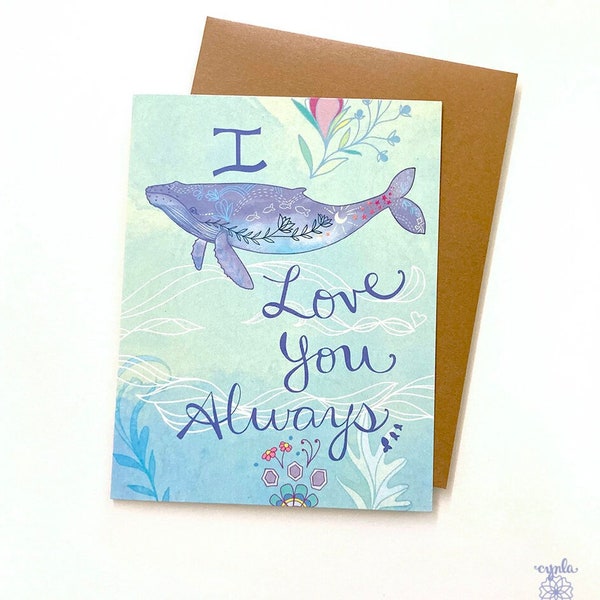 Whale Love card - ocean beach love greeting card, happy valentines day card, cute anniversary card, love greeting card, whale sea life card