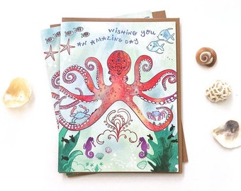 Octopus wish greeting card - octopus birthday card, ocean beach sea, sea creature ocean cards, ocean greeting cards, ocean animal card