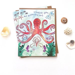 Octopus wish greeting card - octopus birthday card, ocean beach sea, sea creature ocean cards, ocean greeting cards, ocean animal card