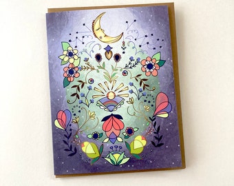 Moon glow greeting card - moon birthday card blank mystic moon goddess moon happy birthday folk art mother moon colorful floral moonlight