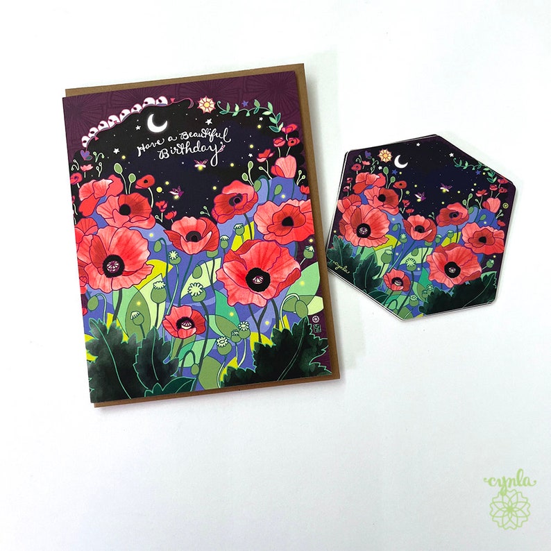 Poppies Birthday Card flower greeting card, flower birthday card, garden card, starry night, fireflies, poppy, poppy birthday card image 3