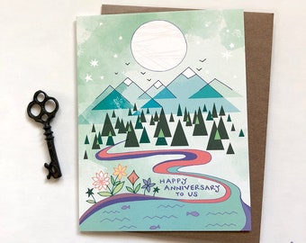 Carte d'anniversaire de montagne - Félicitations, joyeux anniversaire, joyeux anniversaire à nous rivière paysage paix lune