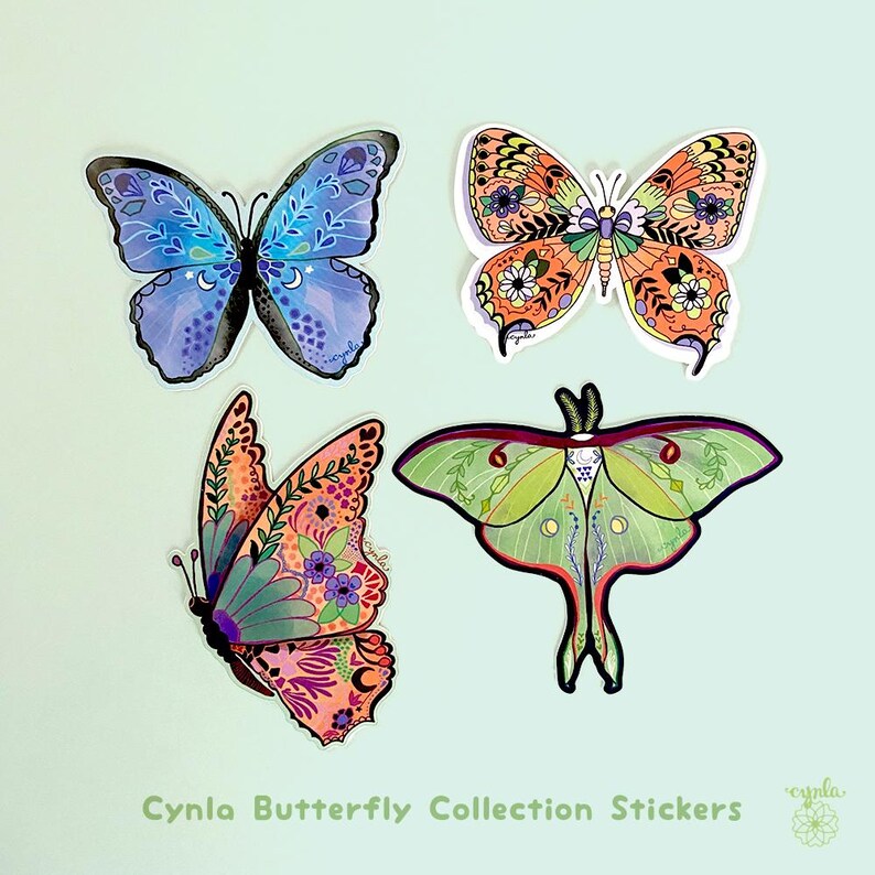 May include: Four die-cut stickers featuring insect illustrations: a blue butterfly with moon symbols, an orange butterfly with floral patterns, a pink and teal butterfly with intricate designs, and a light green moth with long tail wings.