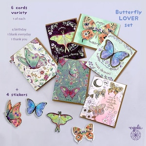 May include: A Butterfly LOVER set containing 6 variety cards and 4 stickers. The cards feature diverse butterfly illustrations with floral motifs, including birthday, thank you, and blank designs. Text includes Happy Birthday, Can't wait to celebrate with you, and more.