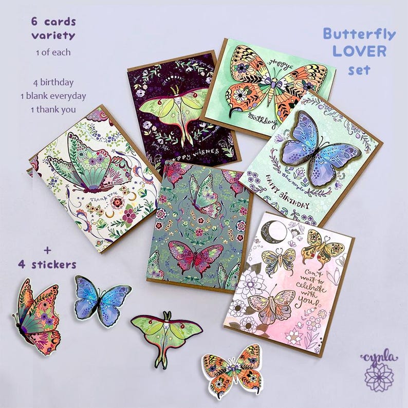 May include: A Butterfly LOVER set containing 6 variety cards and 4 stickers. The cards feature diverse butterfly illustrations with floral motifs, including birthday, thank you, and blank designs. Text includes Happy Birthday, Can't wait to celebrate with you, and more.