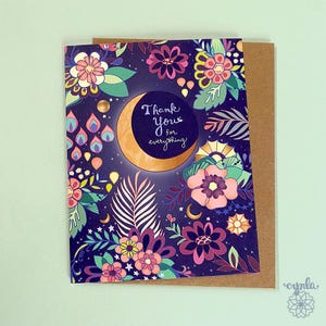 Moon floral Thank you card for friend bridal shower crescent moon star card elegant moon and wildflower Art by Cindy LaColla ©cynla