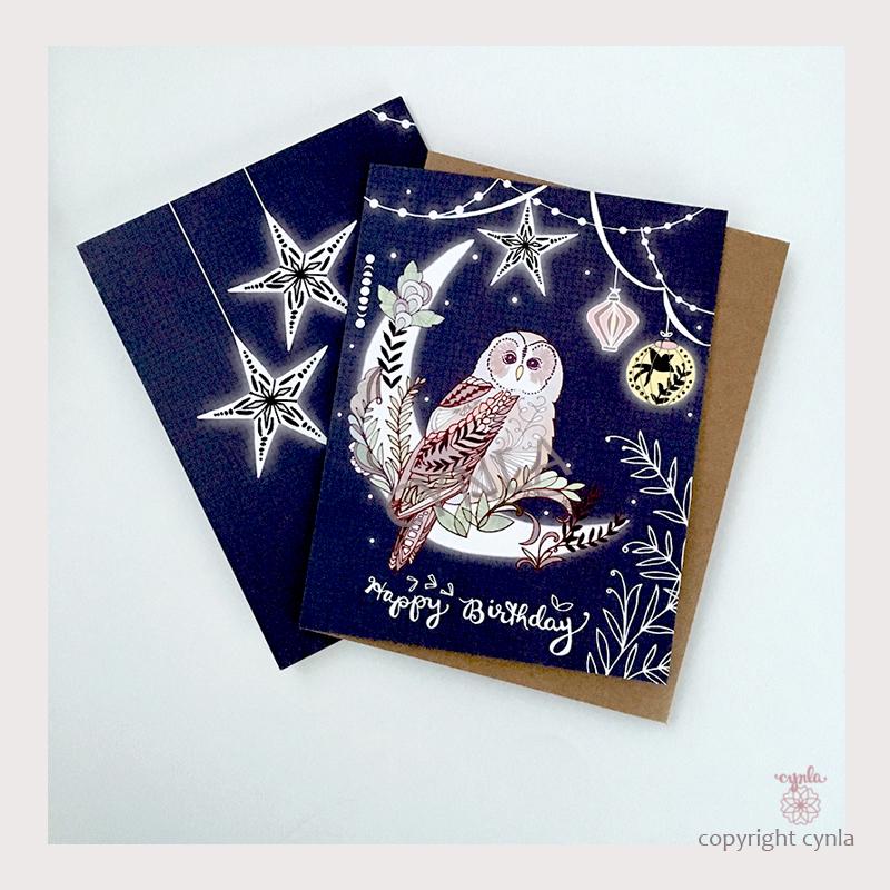 Owl Birthday Card - owl lantern greeting card, owl card, paper lanterns, pretty birthday cards, star