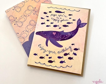 Whale happy place greeting card - heart animal cards ocean sea life whale birthday   card nautical sea marine animal coastal happy birthday