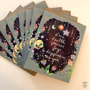 Love Health New Year Greeting Cards - BOX of 8 new year cards joy peace everything this year starry magical happy, starry, magical new year